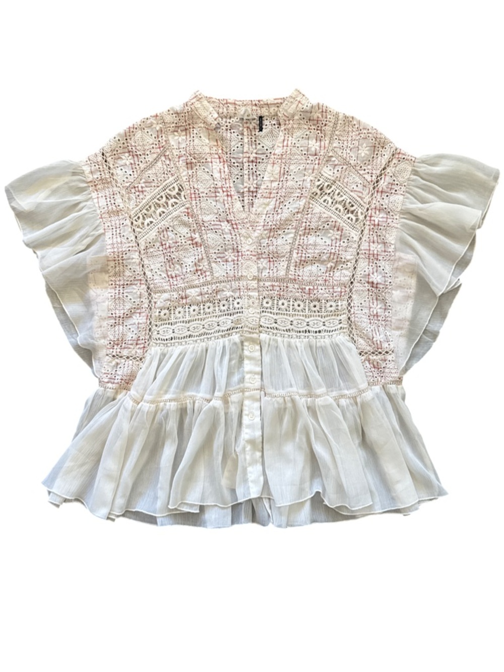 Boho Lace-Panel Ruffle Blouse in Ivory and Pink